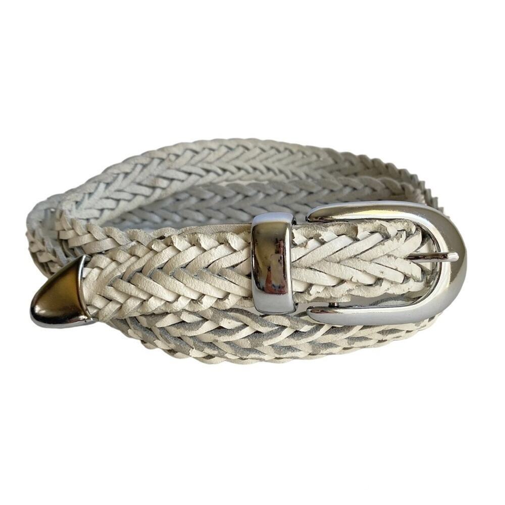 Vintage White Woven Leather Belt Braided Silver Tone Buckle Medium Large 90s Y2K